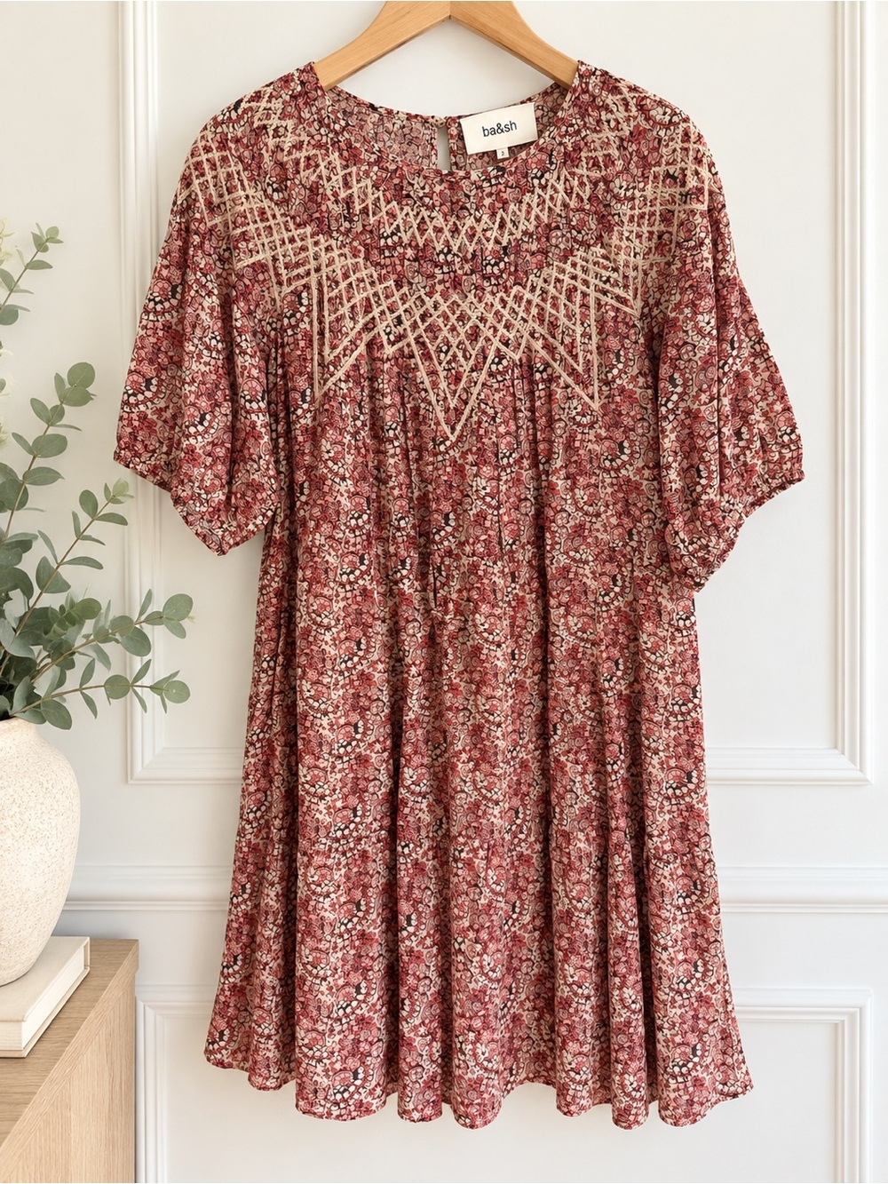 ba&sh Rust Floral Embroidered Yoke Dress